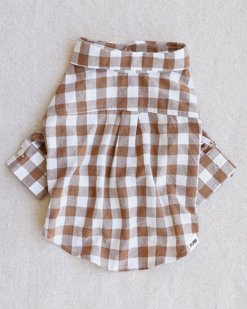 Close-up of Sylvan Nutmeg Gingham Dog Shirt, featuring a classic gingham design for your pup’s comfort.