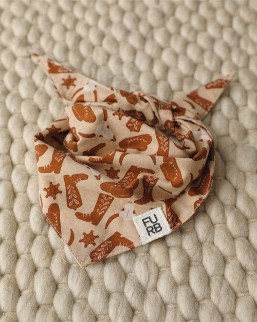 Brown rodeo-print dog bandana with vintage charm – great for Shih Tzus or similar small dogs
