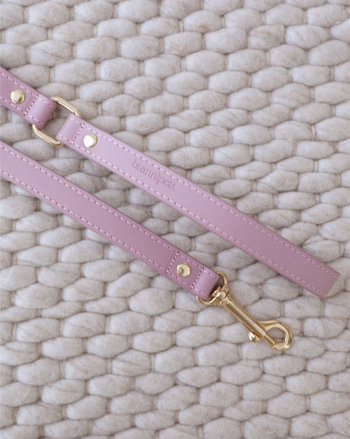 Close-up of mauve leather dog leash, high-quality stitching, elegant design