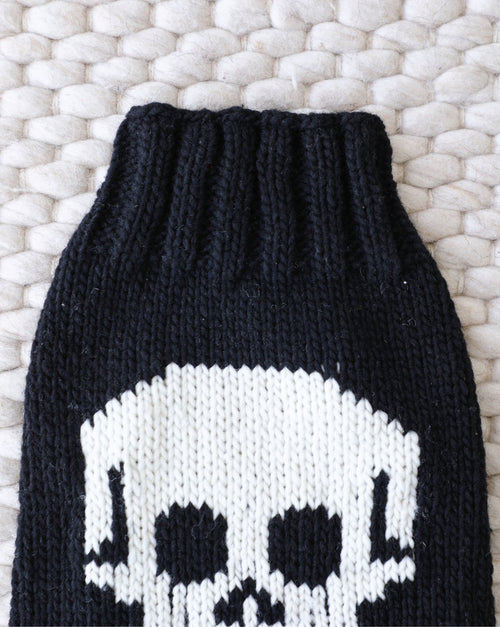 Close-up of “No Bones About It” grey dog sweater, soft knit fabric for pups.