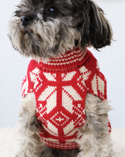 Holiday dog sweater with red and white knit pattern for festive style.