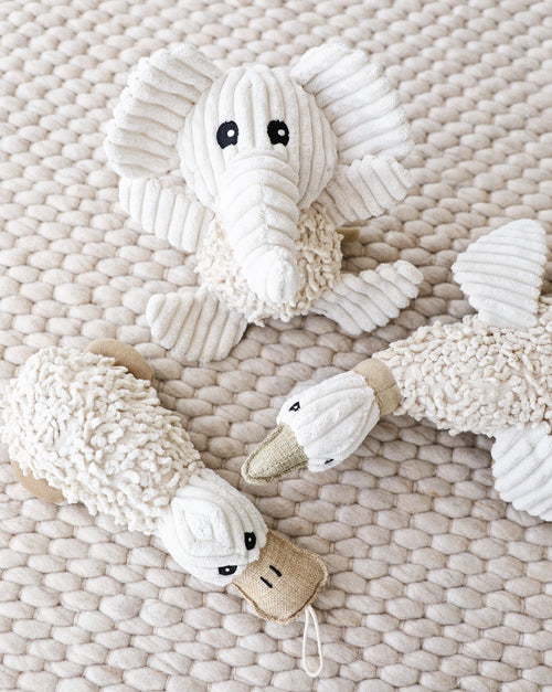 Small dog holding grey elephant plush toy with floppy ears, perfect for playtime.