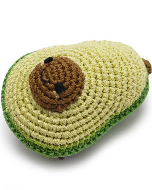 Fun avocado-shaped dog toy with a squeaker, designed for small to medium dog breeds like Beagles and Cocker Spaniels.