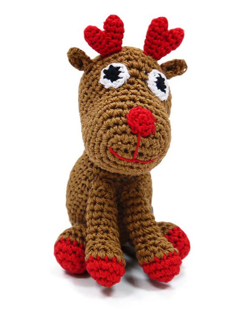 Crochet reindeer dog toy with festive red and brown design.