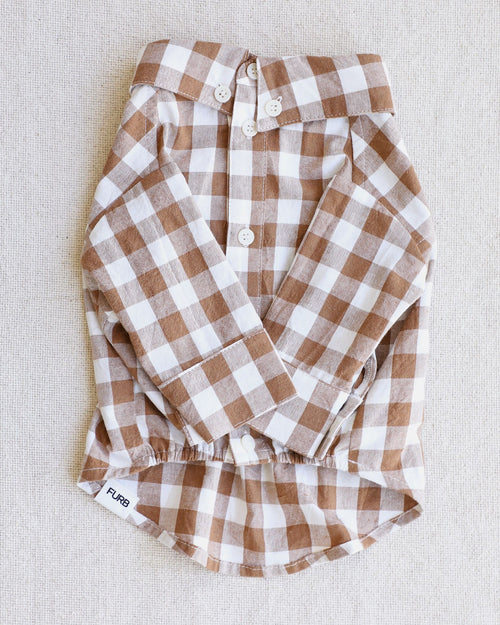 Nutmeg brown gingham dog shirt, perfect for small to medium-sized dogs.