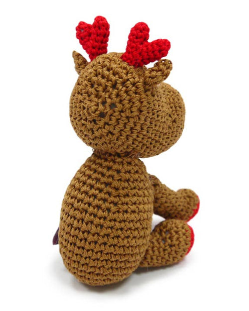 Holiday-themed crochet reindeer toy for dogs, soft and durable.