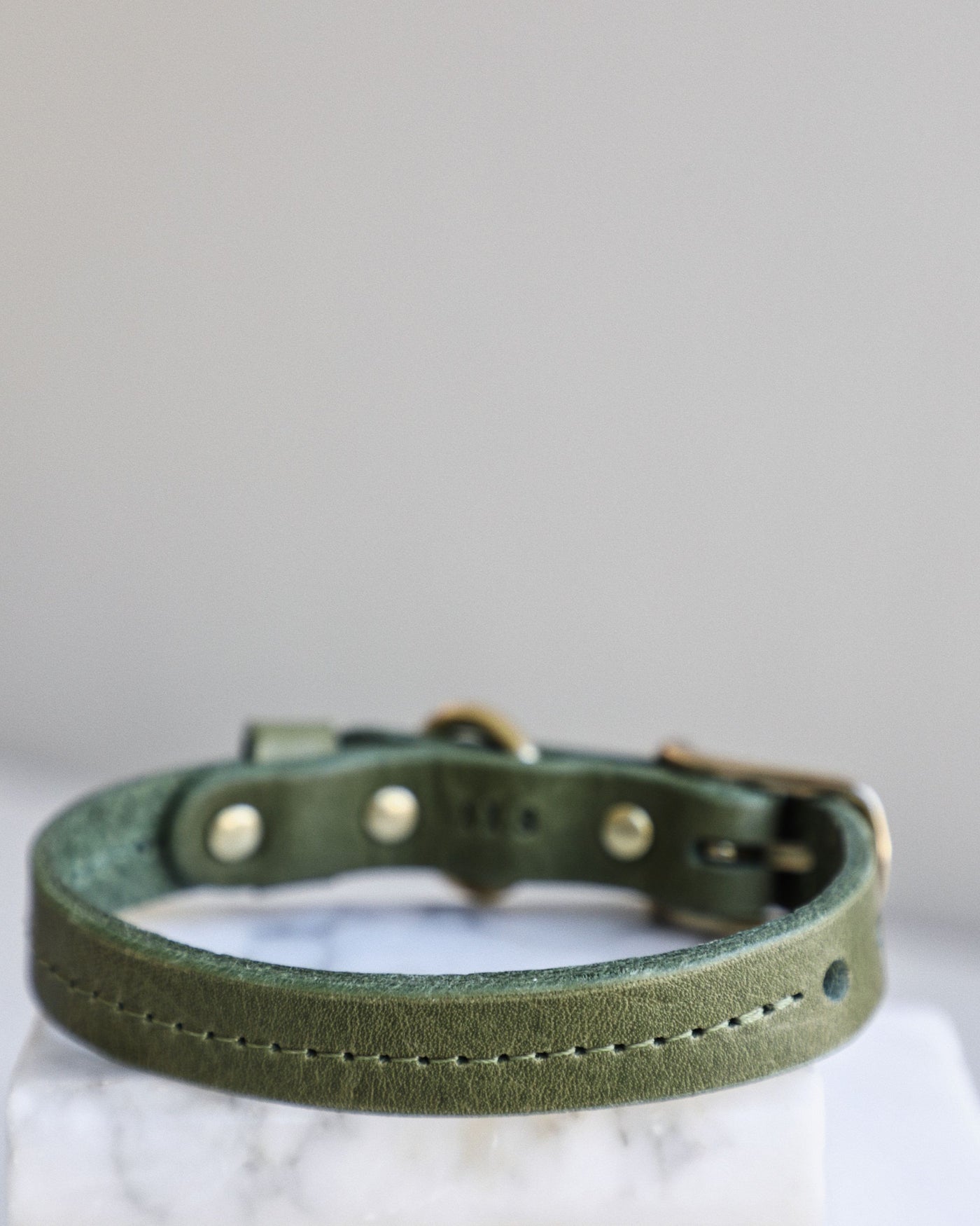 Green leather collar closeup of stitching