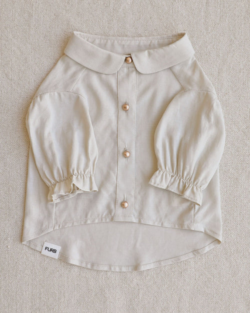 Oatmeal linen dog blouse, perfect for teacup chihuahuas and other small dogs.
