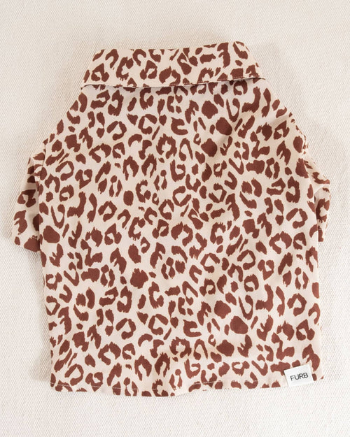 Leopard print button-up shirt for small to medium dog breeds, offering a unique, stylish look for any occasion