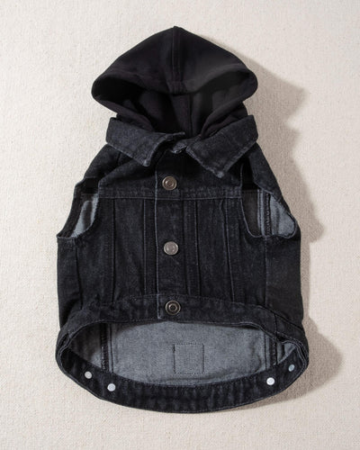 black denim dog vest with black hood