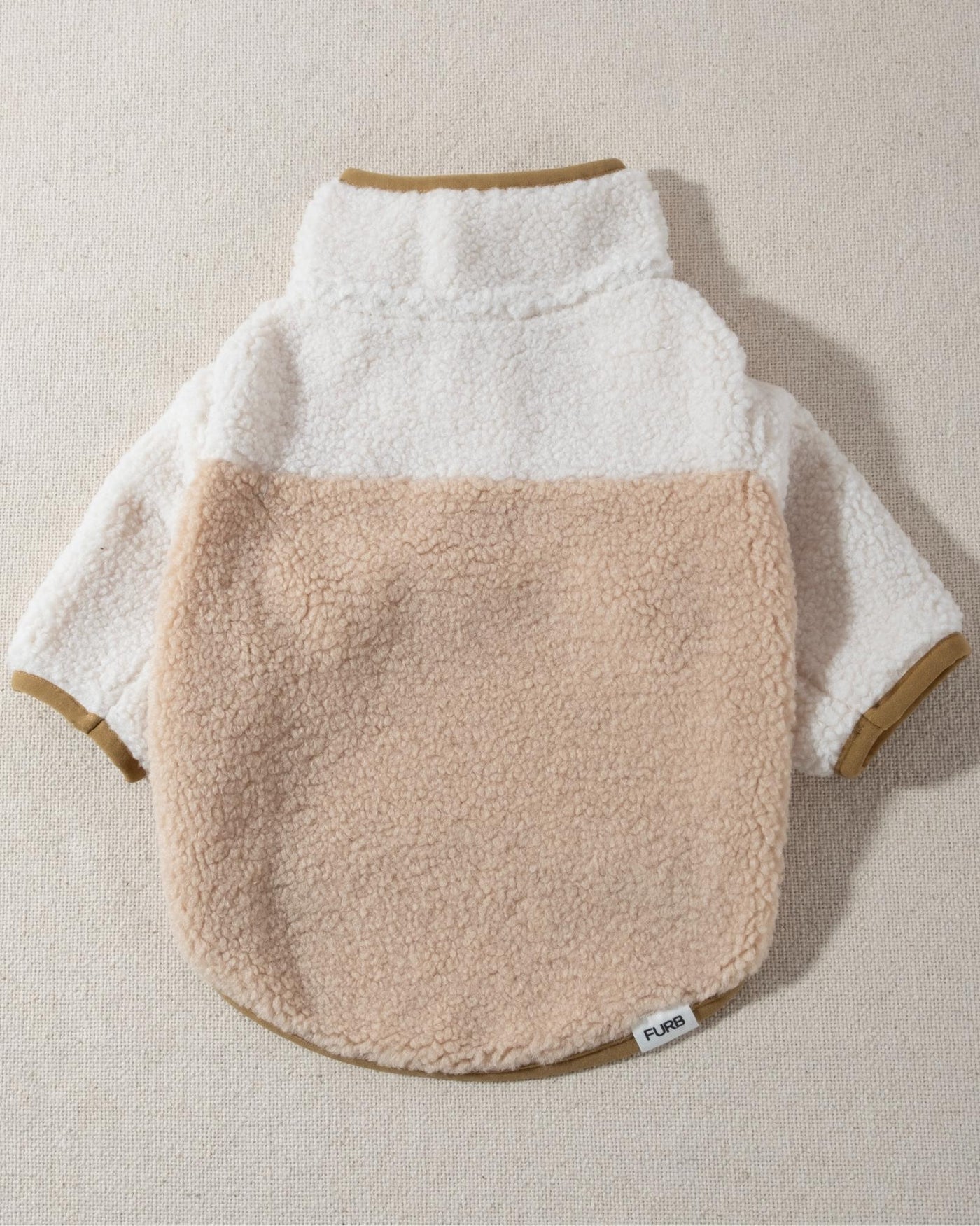tan and ivory sherpa and fleece half button dog pullover