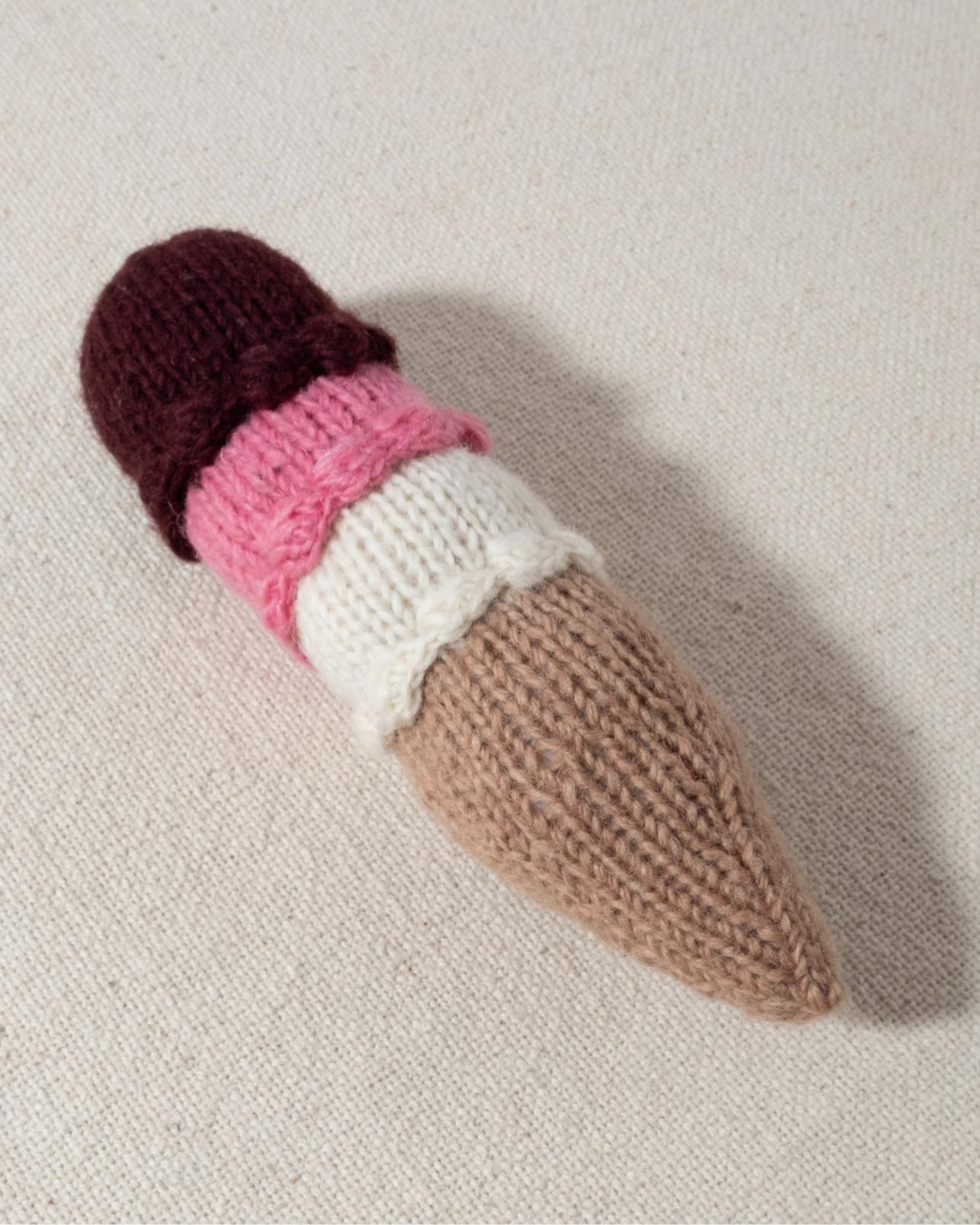 hand knit crochet brown pink white tan three scoop ice cream dog toy