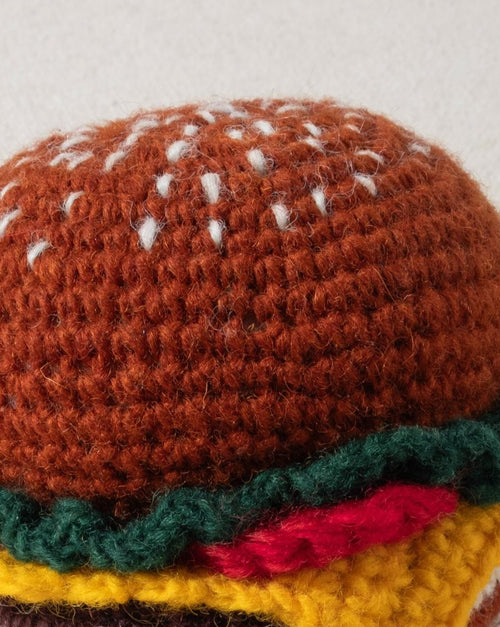 hand knit crochet brown hamburger dog toy