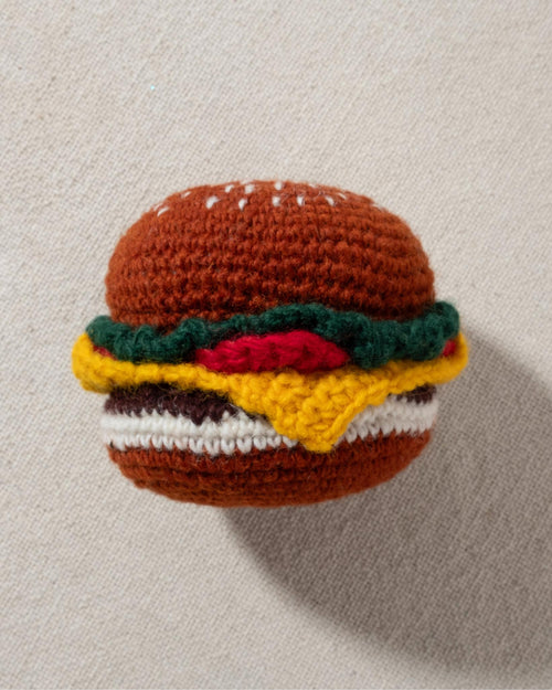 hand knit crochet brown hamburger dog toy