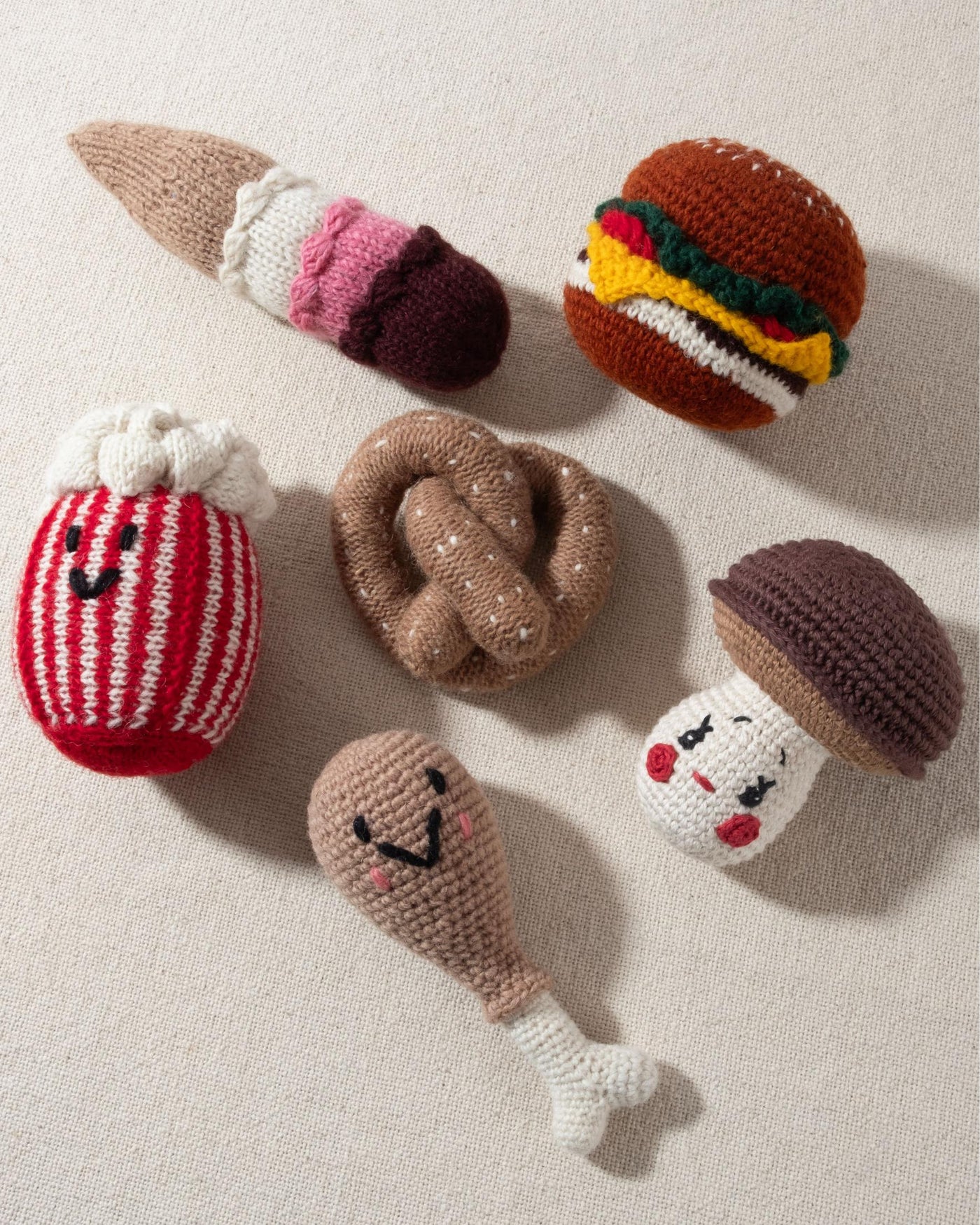 hand knit crochet brown pink white tan three scoop ice cream dog toy