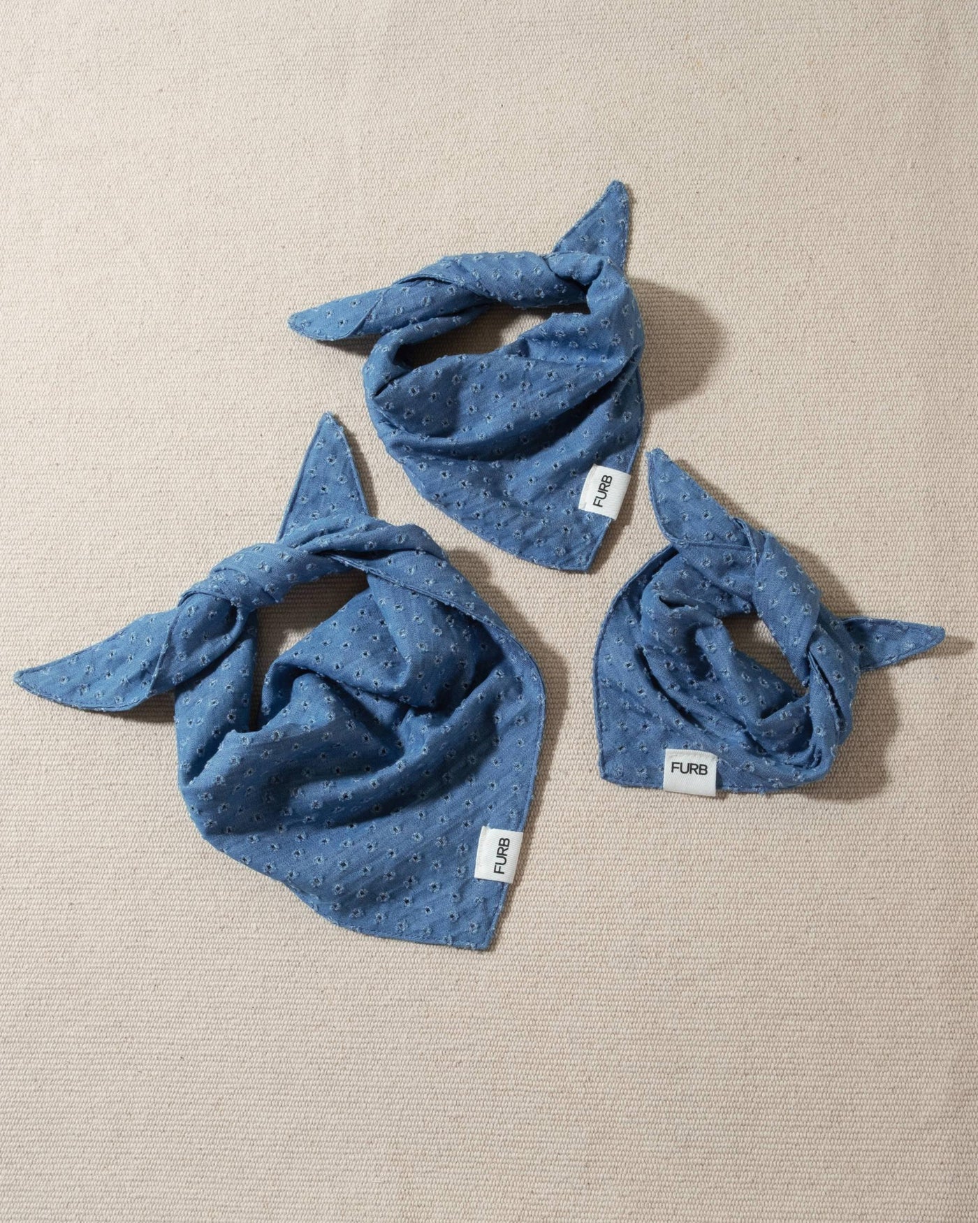 blue denim eyelet dog bandana with tasteful furb tag