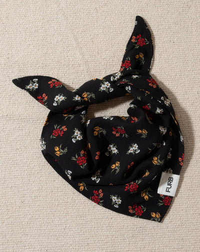 black dog bandana with multi floral print and tasteful furb tag