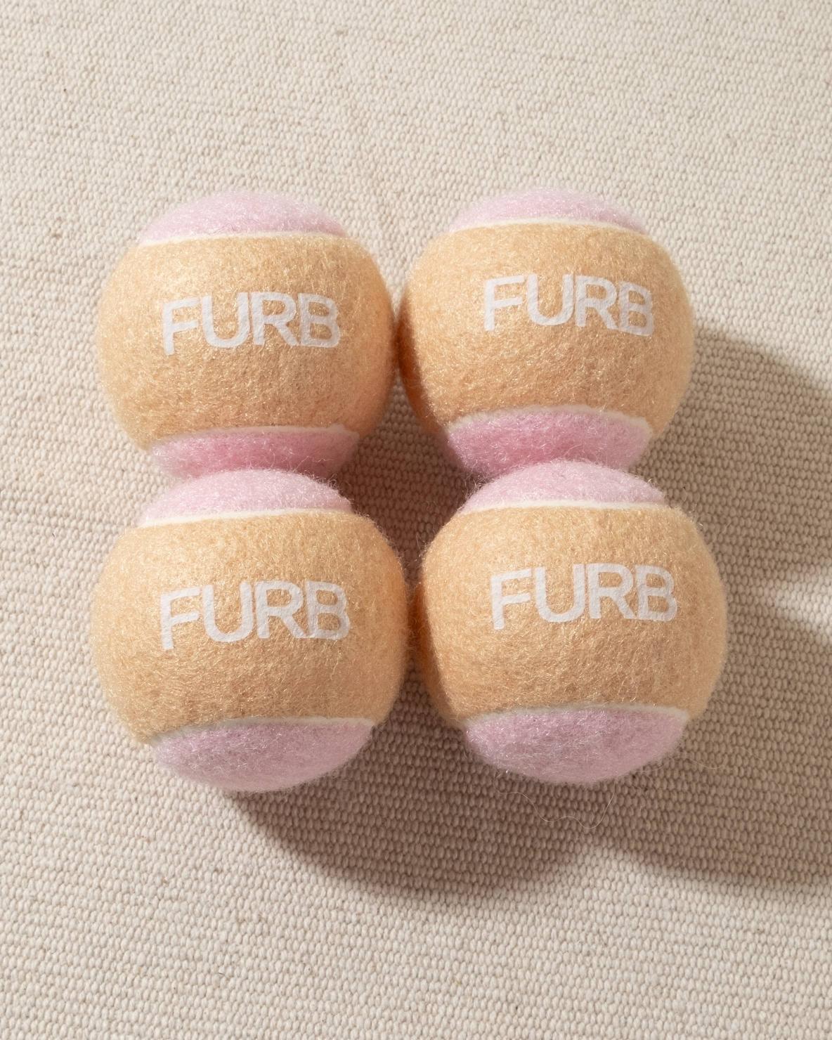 tan and blush tennis ball with white furb logo for dogs
