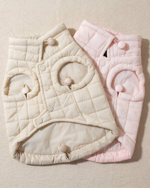 perfect on its own or layered with a cute sweater. This quilted, stylish jacket is fully adjustable, with coordinating sand cords on the hem, neck, and arm openings. Jacket can be worn over harness, with a small opening for leash attachment on the back. Asymmetrical buttons also make for more secure wear, for even the most portly of pups!. frenchie dog lightweight jackets