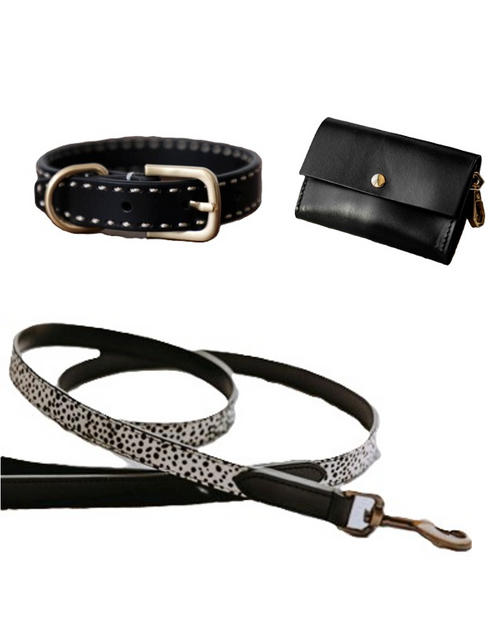 Take the Lead + Wylde pony hair dog leash and leather collar kit with waste bag, luxurious walking accessories for small to medium dogs