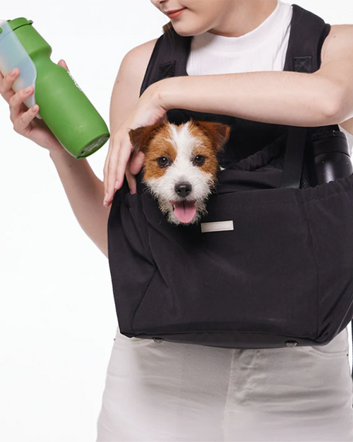 Stylish Front and Back Dog Carrier in sleek black, perfect for hands-free pet transport.