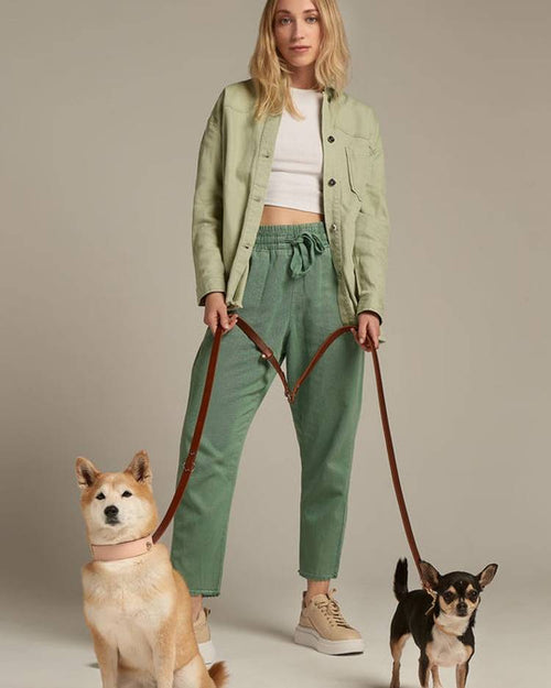 Versatile brown leather leash for dogs, offering multiple position options.