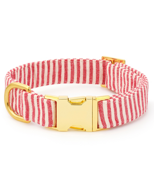 Fashionable red candy cane striped collar for dogs, comfortable and allergy-friendly with reinforced stitching