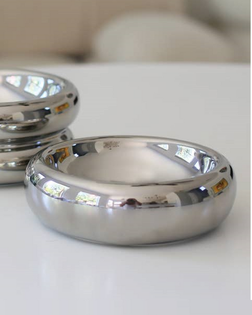 Sleek and durable chrome pet bowl for dogs, perfect for Yorkies or Chihuahuas.