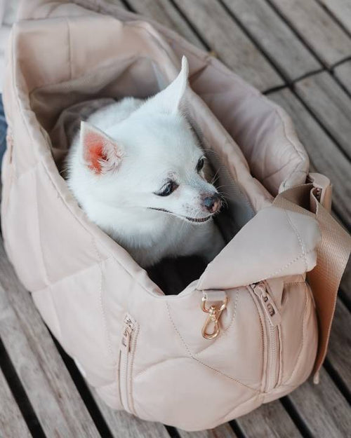 Sleek Nude Quilted Crossbody Pet Carrier - The perfect pet carrier for stylish outings!