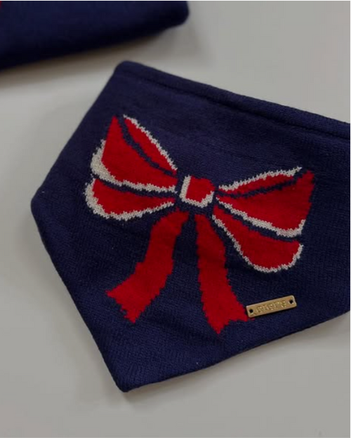 Navy and red bow dog bandana styled on small dog, chic and elegant pet accessory.