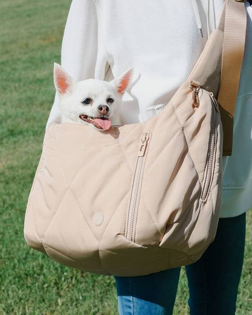 Nude Quilted Crossbody Pet Carrier - A fashionable and convenient carrier for small pets!