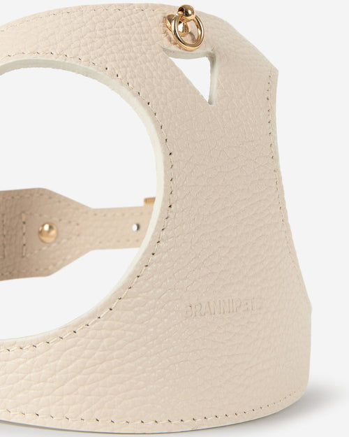 Close-up front view of Luca ivory leather dog harness showing stitching and premium leather