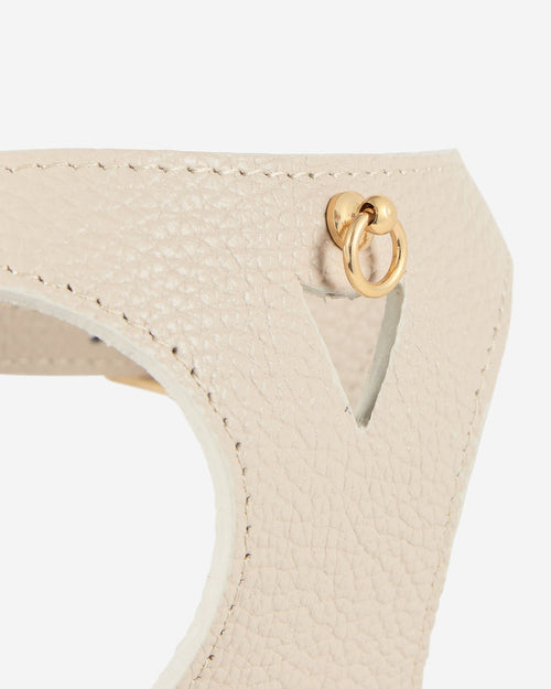 Close-up of medallion holder on ivory leather dog harness, premium craftsmanship