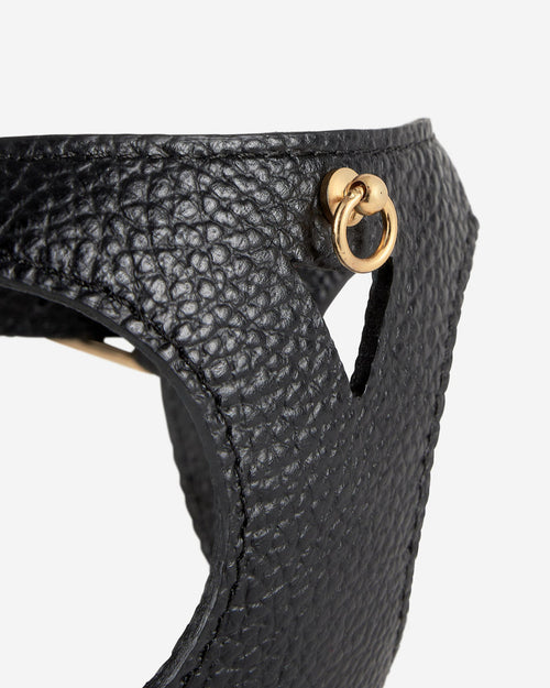 Close-up of black leather dog harness showing medallion holder and quality stitching