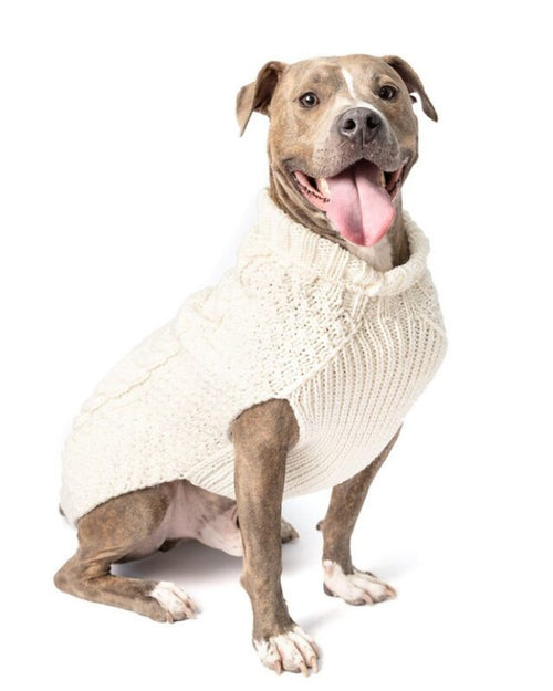 Cozy cable-knit dog sweater, perfect for cold weather and stylish pups