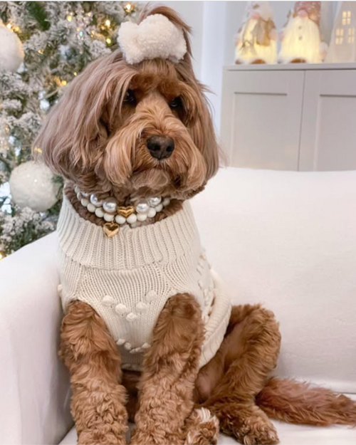 Side view of Polished Pup ivory beaded dog necklace, elegant accessory for pets
