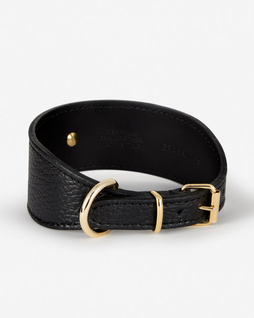 Back view of Roma black leather dog collar, adjustable and premium quality