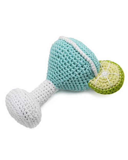 Fun margarita-shaped dog toy with squeaker, perfect for dogs like Cocker Spaniels and Beagles.