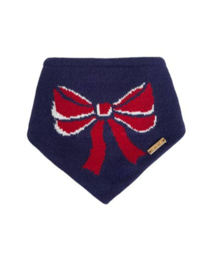 Stylish navy dog bandana with red bow, perfect for small dogs, fashionable pet accessory