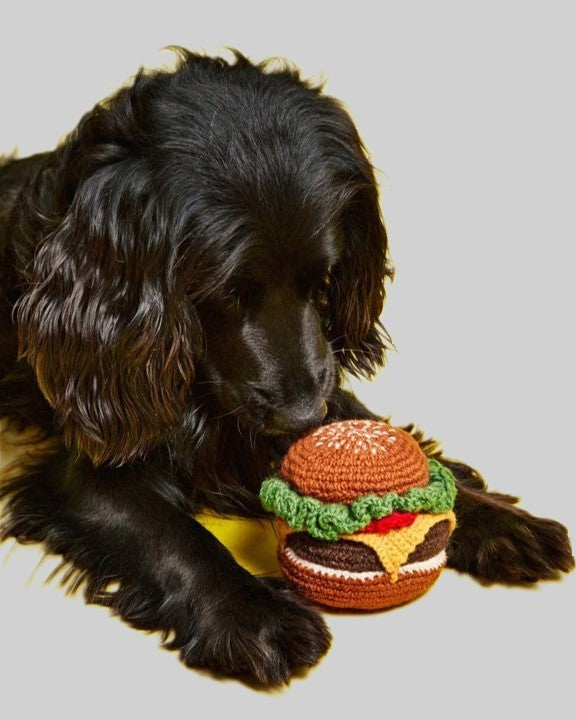hand knit crochet brown hamburger dog toy