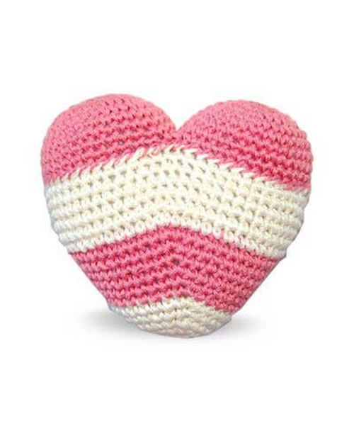 Love at First Bite crochet heart dog toy, perfect for Dachshunds or Cavalier King Charles Spaniels.