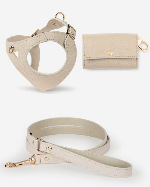 Luca ivory leather dog harness and leash kit for small dogs, soft premium leather, secure and stylish for daily walks