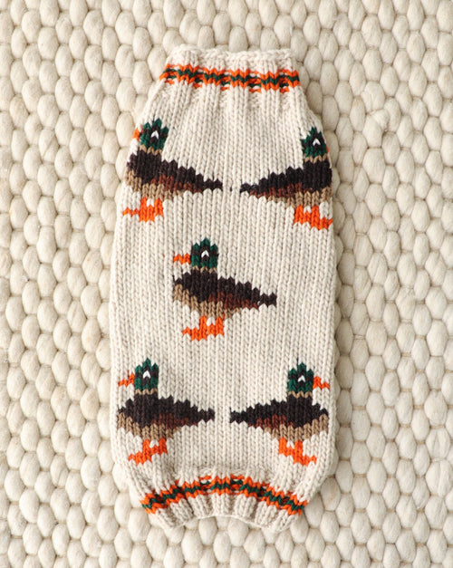 Hand knit dog sweater with playful duck pattern made from warm wool, cozy cold weather dog apparel for small to medium breeds