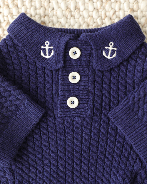 Little Skipper Navy Cable Knit Polo Sweater