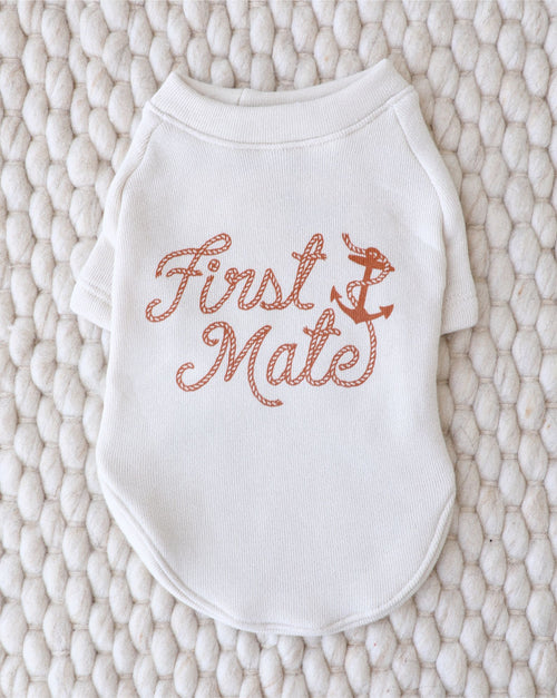 Navy blue dog sweatshirt with nautical “First Mate” patch – perfect for seaside adventures