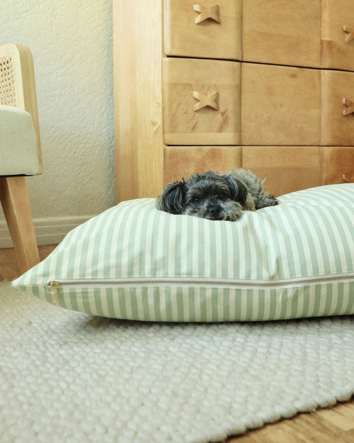 Side view of Capri green striped dog bed emphasizing plush padding and stylish stripes.