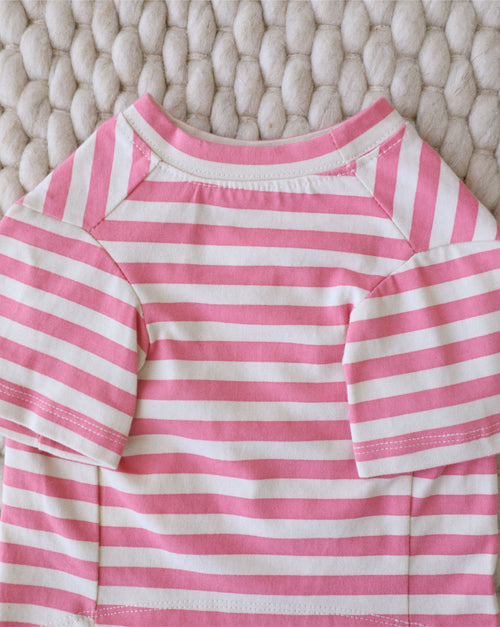 Close-up of pink striped Tickled Pink dog t-shirt highlighting soft breathable fabric.