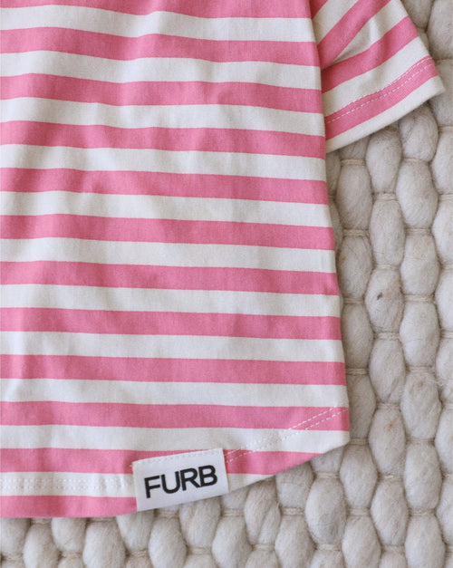 Tickled Pink dog t-shirt displayed on small dog, highlighting vibrant stripes.