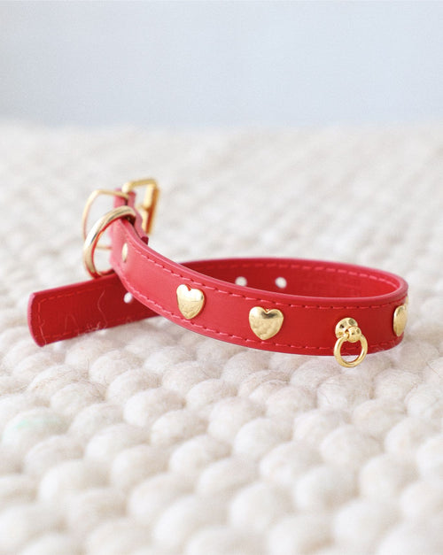 Nara Heart Studded Red Leather Collar