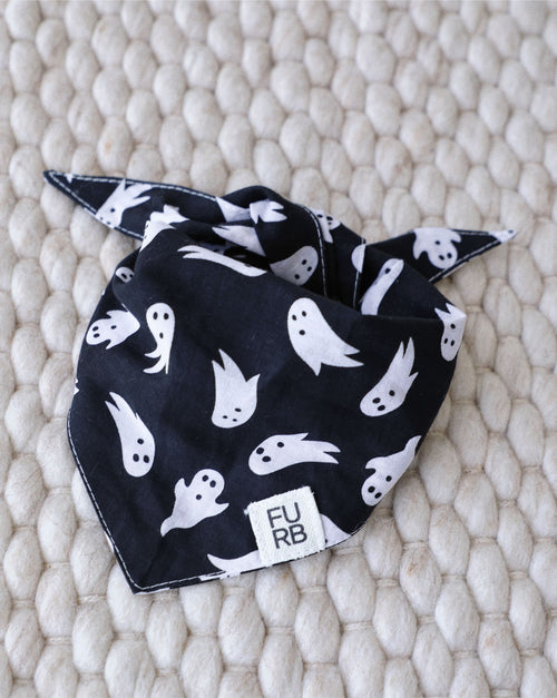 Happy Haunts ghost-themed dog bandana, lightweight cotton, festive Halloween accessory for small and medium dogs
